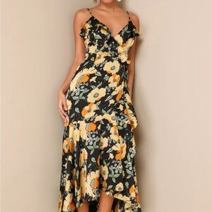 Lulu’s floral print ruffled high low wrap dress